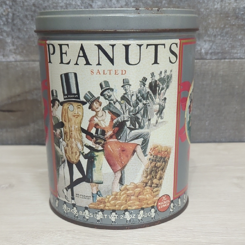 Vintage Gray and Red Peanut Container